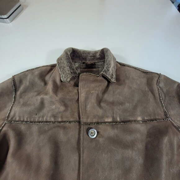Men's Guess Leather Frontier Sherpa Fleece Lined Jacket Coat Sz Large Brown READ - Picture 4 of 16